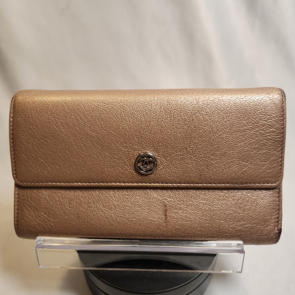 Chanel Trifold Metallic Beige Long Wallet